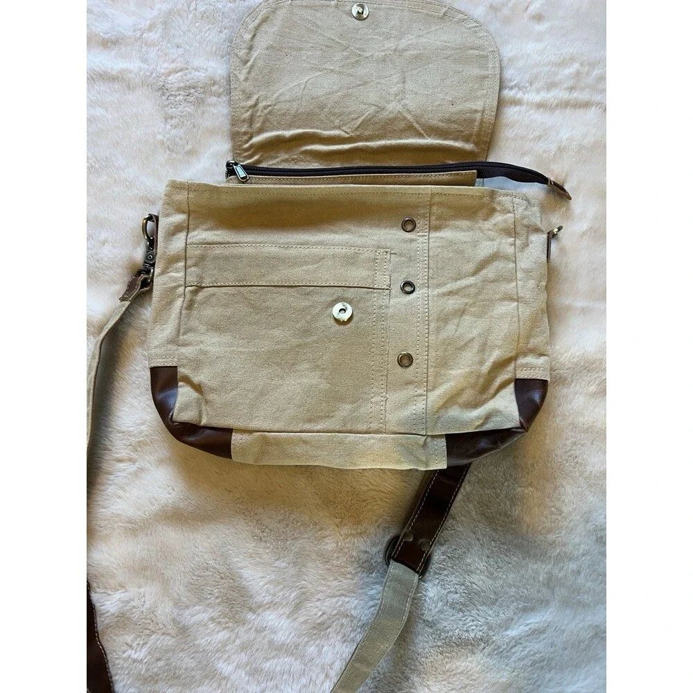 Recycled Military Messenger Bag Crossbody Adjustable Pockets Beige/leather Boho